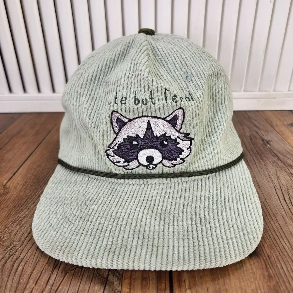 Weber's Resupply Cute But Feral Raccoon Strapback Hat Cap Green Corduroy Hipster